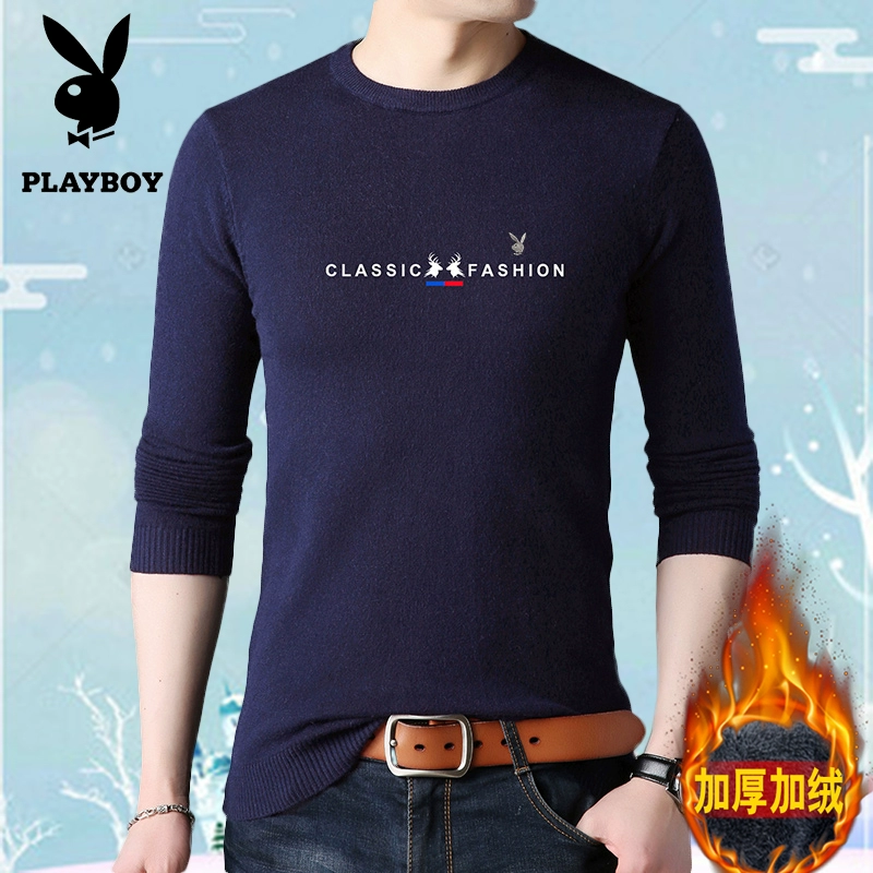Playboy cộng với nhung dày ấm áp áo len nam cổ tròn len cashmere 2019 thu đông xu hướng áo len Hàn Quốc - Áo len Cashmere