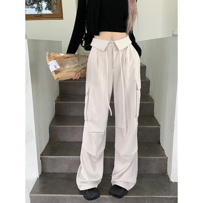 taobao agent Large -size retro American wide -leg worker pants autumn 2023 new women's fat mm slimmer high waist vertical pants children