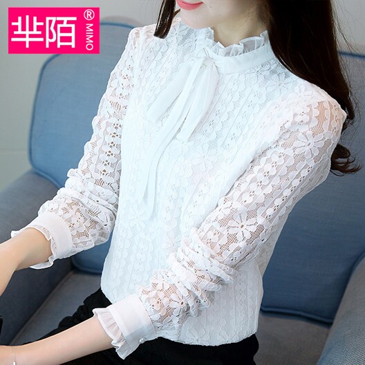 2018 mùa thu mới Hàn Quốc trắng ren áo sơ mi nữ dài tay cổ áo bow tie áo sơ mi áo sơ mi chiffon triều