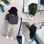 Streaky boy loose yếm nam mùa xuân 2018 mới của Hàn Quốc phiên bản của triều thời trang thoải mái quần tây giản dị áo voan kiểu