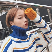 Mùa thu và mùa đông phụ nữ Hàn Quốc phiên bản của trường trong gió dài lỏng lỏng headband màu sắc tương phản sọc cao cổ áo dài tay áo len áo sơ mi