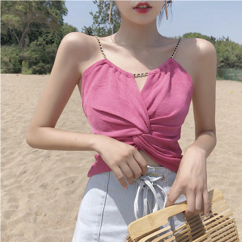 Mùa hè mới chic gió sexy phần ngắn rốn chuỗi kinks cô gái màu rắn yếm trong không tay áo triều