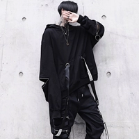 Mùa thu quốc gia thủy triều vành đai tối dây kéo trang trí người đàn ông đội mũ trùm đầu áo len Harajuku phong cách quá khổ áo khoác lỏng áo hoodie đen