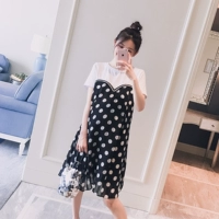 Thai sản mặc 2018 mùa hè mới Hàn Quốc phiên bản của vòng cổ sóng khâu giả hai mảnh thời trang dài mang thai phụ nữ ăn mặc áo bầu đẹp