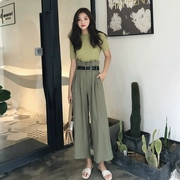 Mới 2018 mùa hè ăn mặc Hồng Kông hương vị chic gió cao eo quần chân rộng chín điểm quần áo len mỏng thời trang phù hợp với phụ nữ