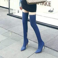 Trong khởi động đầu gối mùa thu của phụ nữ cao gót stiletto chỉ dài khởi động phía dây kéo denim ống cao stovepipe stretch boots boot nữ