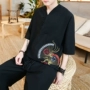 Mùa hè Nam Ngắn Tay Áo Thêu Robe Nam Phong Cách Trung Quốc Hanfu của Nam Giới Đồ Cổ Năm điểm T-Shirt Cắt Quần Đặt quan ao nam