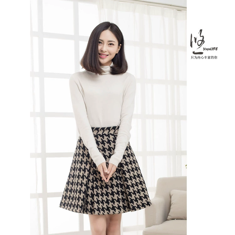 Váy thu đông, váy len, váy xếp ly houndstooth, váy chữ A kiểu cổ điển, váy mid dày dặn - Váy