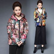 2019 retro mùa đông Hàn Quốc áo khoác cotton nữ trùm đầu vẽ tay thời trang dây kéo cotton quilt Kích thước lớn hoa trừu tượng 8740 - Bông