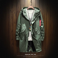 Trong phần dài của áo gió nam cộng với phân bón XL chất béo áo khoác lỏng áo khoác trùm đầu mùa xuân Hàn Quốc dụng cụ áo khoác nam đẹp