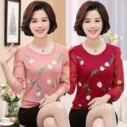 Phụ nữ trung niên của mùa xuân và mùa hè voan dài tay T-Shirt mẹ mặc mùa thu knit đáy áo sơ mi nữ trung niên áo sơ mi