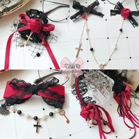 Nhật Bản ban đầu handmade mũ đen đỏ ren lolita gothic gió kẹp tóc bộ biên soạn rose KC phụ kiện tóc kẹp tóc cho bé gái