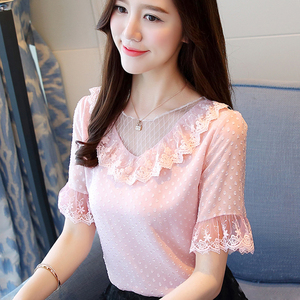 Mùa hè 2018 mới của phụ nữ ngắn tay siêu ngọt ngọt bụng mỏng tummy áo sơ mi chiffon nước ngoài nhỏ áo sơ mi ren