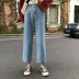 Cao eo lỏng mỏng màu rắn jeans nữ đầu mùa thu mới Hàn Quốc phiên bản của hoang dã chic casual quần thẳng sinh viên quần jean lửng nữ Quần jean