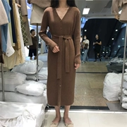 Hàn Quốc mùa thu đông cổ áo thắt eo đơn ngực thon dài cashmere đan áo len cardigan