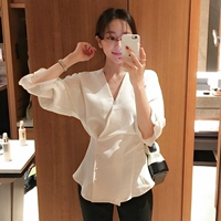 Hàn Quốc chic mùa xuân mới retro khí V-Neck nút bên trang trí eo dài tay áo blouse 	áo sơ mi nữ dài tay cá tính	
