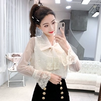 Áo sơ mi ren nơ nữ 2019 xuân mới Hàn Quốc lưới sợi voan tay áo kèn ngọt ngào - Áo sơ mi chiffon ren áo ký giả nữ mùa hè 2020