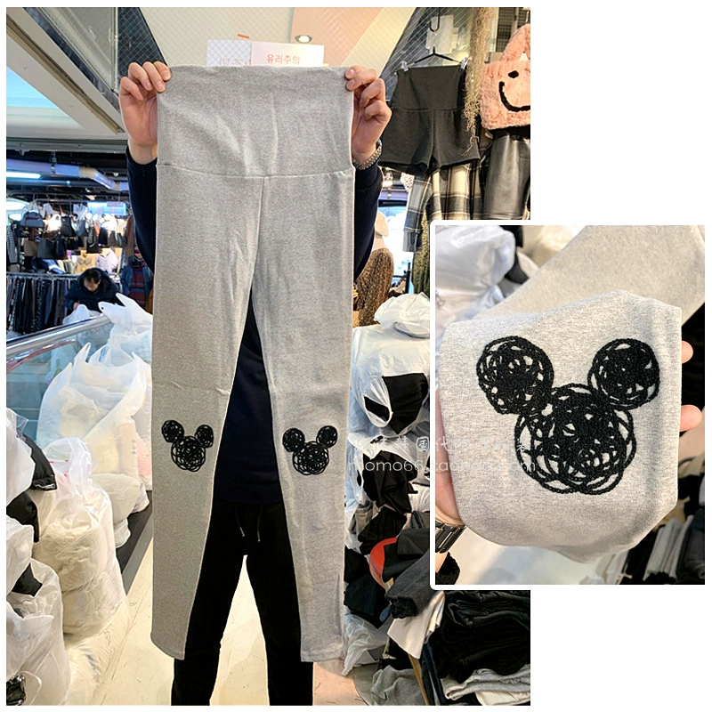 Hàn Quốc mua quần áo bà bầu 2020 quần áo mùa xuân mới uốn lượn Mickey cotton căng bụng bà bầu quần legging - Phụ nữ mang thai quần / quần bụng
