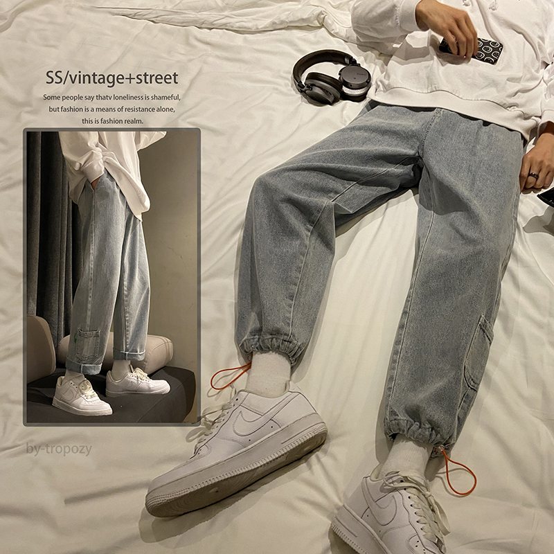 Autumn and winter jeans men's straight tube loose drawstring elastic pants closing casual pants