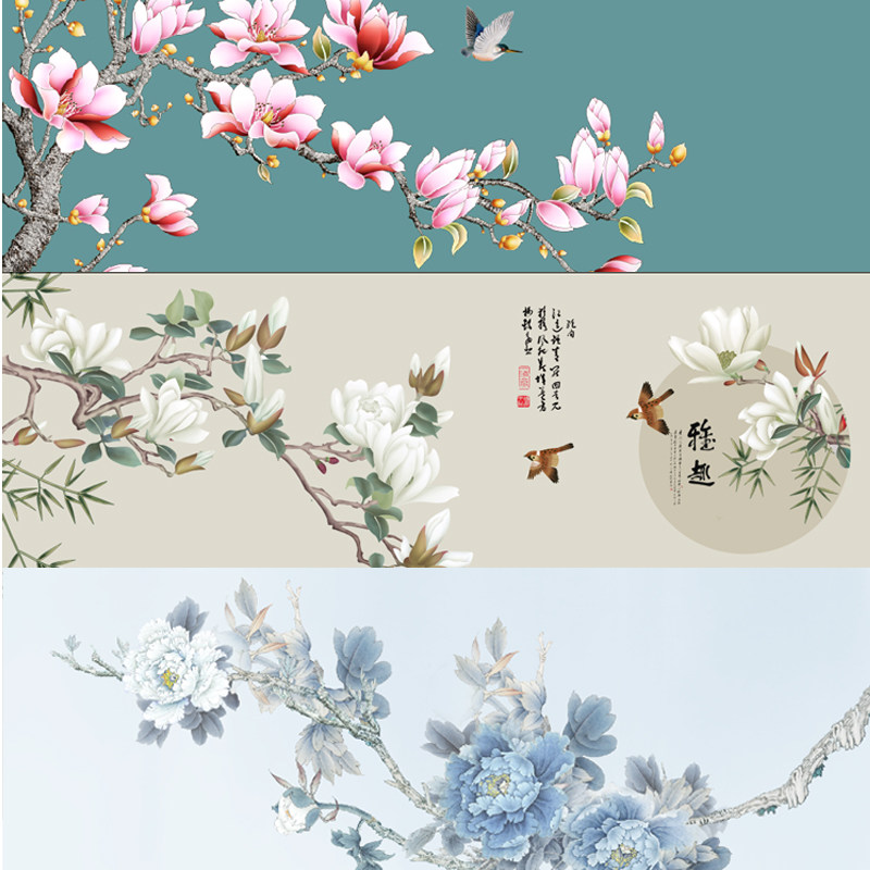 p347三幅高清装饰画工笔玉兰花牡丹花新中式客厅电视背景墙素材