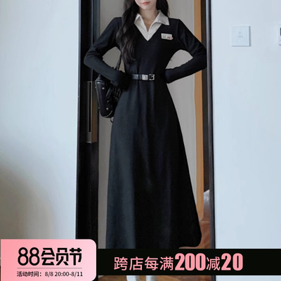 taobao agent Fitted brace, black demi-season long skirt, dress with sleeves, polo collar, long sleeve