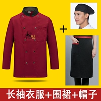 Красный лонгслив, фартук, шапка