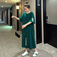 Длинная футболка с коротким рукавом, платье-футболка, юбка, платье, длина макси, по фигуре, большой размер, в корейском стиле