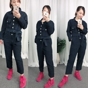 Mùa xuân và mùa thu Hàn Quốc Dongdaemun vải nhung kẻ sọc dụng cụ với jumpsuits văn học retro chân jumpsuit