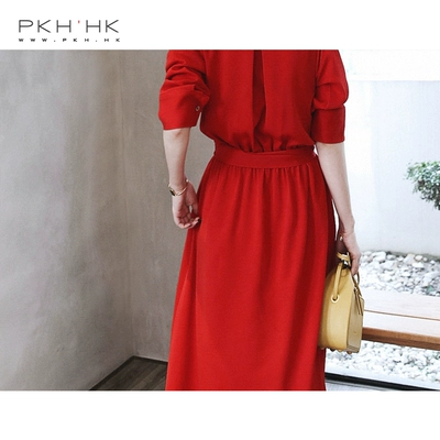 PKH.HK mùa hè đặc biệt sản phẩm mới được thu hút để thiết kế khí Chao Chao V cổ thắt lưng đầm đầm xòe tuổi trung niên Sản phẩm HOT