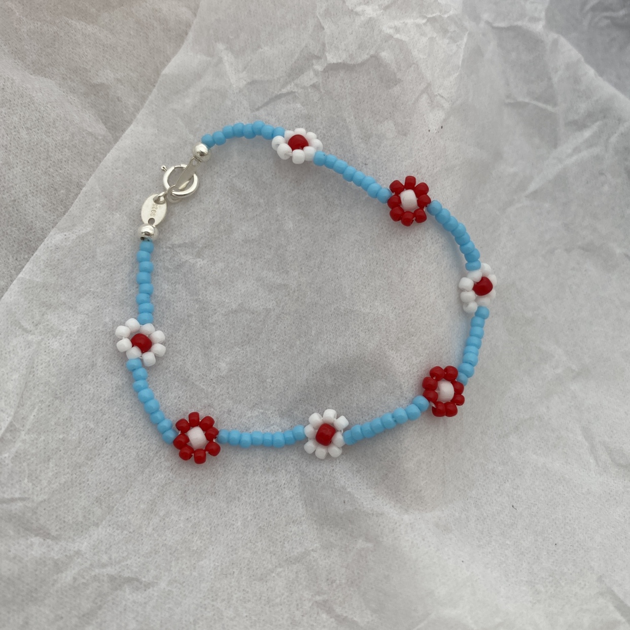 Red And White Bracelet Fixed Length 16Cmsanyan ~ Europe and America Ins wind Daisy Colorful beads Bracelet Original design manual weave Simplicity delicate Sterling Silver female
