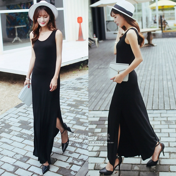 Fujitang family plus size quần áo phụ nữ, phiên bản Hàn Quốc của mẫu túi A-line phương thức mùa hè bên hông váy dài váy xẻ tà - Váy dài