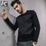 Áo thun nam tay dài nam thời trang mỏng Áo thun nam tròn cổ xu hướng màu đen khâu quần áo mùa thu 735 - Áo phông dài
