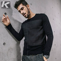 Áo thun nam tay dài nam thời trang mỏng Áo thun nam tròn cổ xu hướng màu đen khâu quần áo mùa thu 735 - Áo phông dài t shirt polo