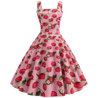 Cross-border foreign trade retro European and American clothing summer sweet suspender square collar strawberry print big swing dress 3180