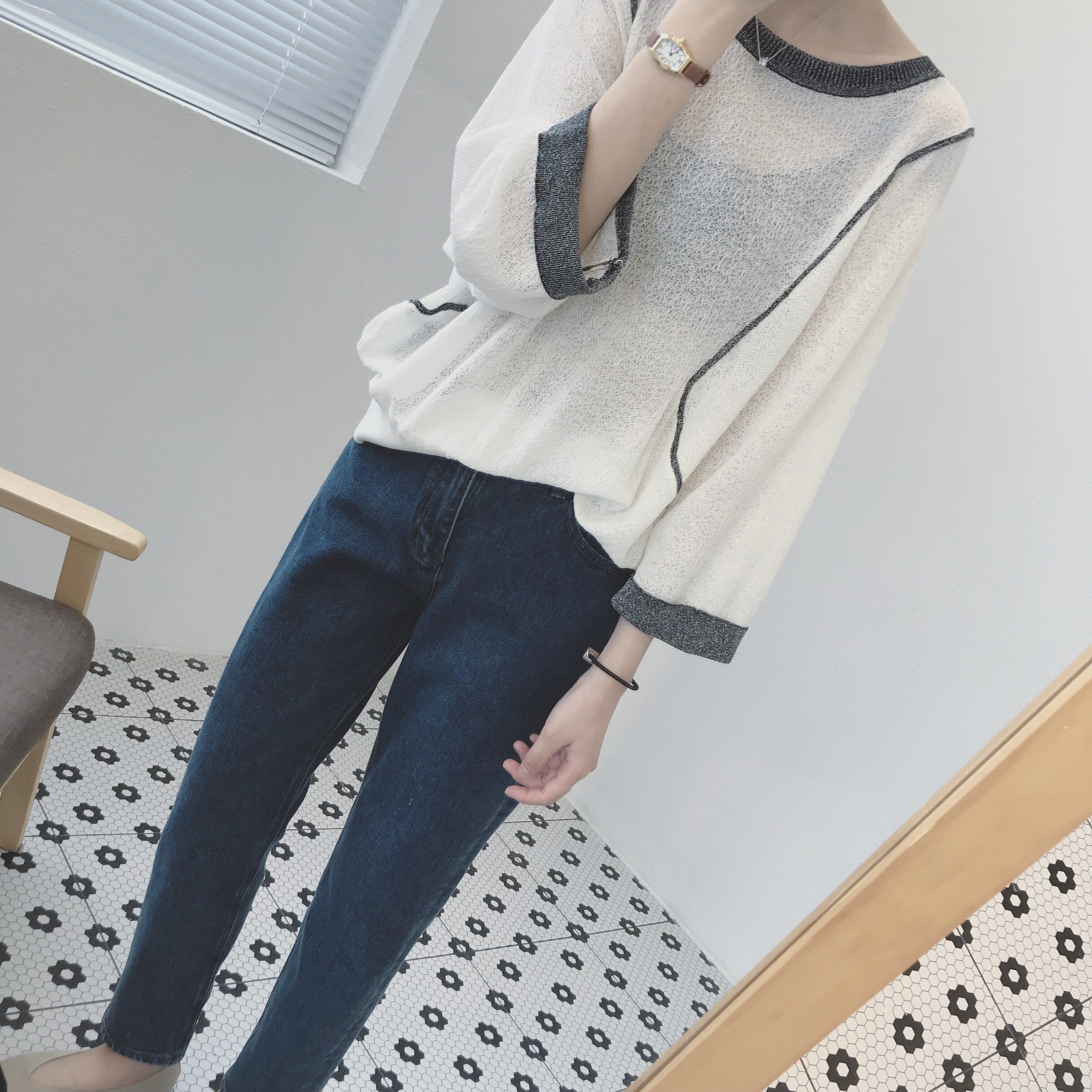 Big Meng đầu mùa thu mới blingbling ~ nhỏ tươi cổ tròn floppy lỏng trùm đầu áo len top