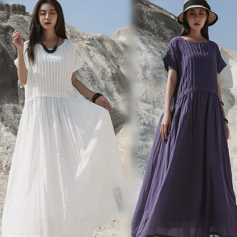 Plus size phụ nữ mùa hè sản phẩm mới cotton và lanh của phụ nữ nguyên bản cotton tinh khiết màu tĩnh váy nghệ thuật cổ tròn váy dài đa năng - Sản phẩm HOT