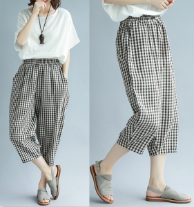 Chất béo mm kích thước lớn quần văn học cotton và linen cắt quần đàn hồi eo là mỏng quần âu hoang dã linen loose quần harem