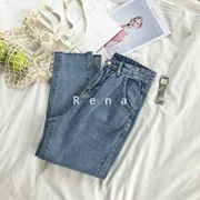 RENA siêu đơn giản retro rửa rửa quần cũ chân rách cạnh cao eo là mỏng hoang dã thẳng jeans denim quần