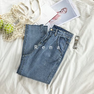 RENA siêu đơn giản retro rửa rửa quần cũ chân rách cạnh cao eo là mỏng hoang dã thẳng jeans denim quần quần jean nữ hàng hiệu