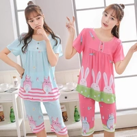 Của phụ nữ ngắn tay đồ ngủ mùa hè mẹ nạp bông lụa cotton người lớn quần cotton nhân tạo điều hòa không khí quần áo phù hợp với mùa hè mỏng đồ pijama