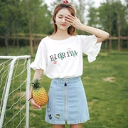 2018 mùa hè mới Hàn Quốc thêu quần áo nữ trumpet tay áo ngắn tay T-Shirt nữ áo loose tính từ bi