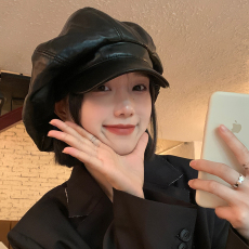 Галантерея pu皮质超大贝雷帽女秋冬季日系大头围云朵八角帽黑色显脸小帽子潮