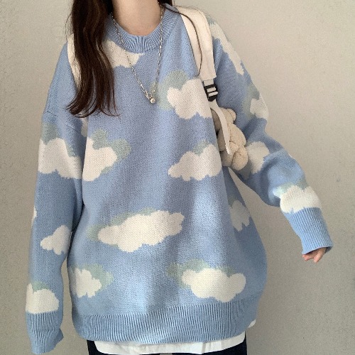 Long Sleevesweater 2021 new pattern female Korean version Retro V-neck blue Wear out Long sleeve loose coat Autumn and winter easy Vest vest