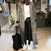 Mùa xuân và mùa thu Phụ nữ Hàn Quốc kẻ sọc áo len lỏng lẻo phần dài dày houndstooth áo khoác len nữ - Áo khoác dài áo khoác