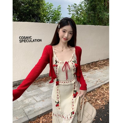 taobao agent Autumn set, red cardigan, jacket, bodysuit, long skirt, 2023, lifting effect