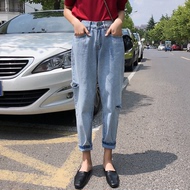 Quần âu phụ nữ đầu mùa thu phụ nữ mới của Hàn Quốc phiên bản của eo cao rửa lỗ jeans rộng chân chín quần củ cải quần thủy triều