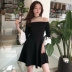 Mùa xuân mới của phụ nữ Hàn Quốc phiên bản của từ cổ áo quây khí màu đen và trắng khâu trumpet tay áo sinh viên một từ trang phục nữ A-Line Váy
