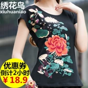 Mùa hè mới gió quốc gia của phụ nữ áo thêu ngắn tay t-shirt nữ Trung Quốc phong cách thêu kích thước lớn Slim đáy áo