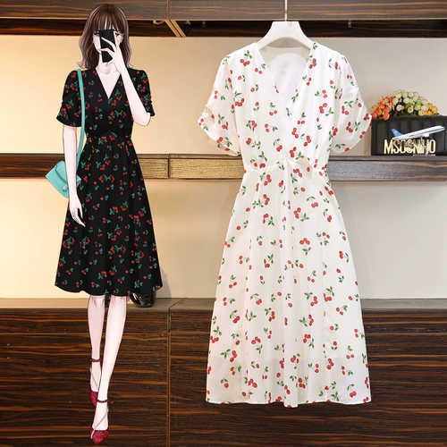 Летнее длинное платье, большой размер, коллекция 2023, подходит для полных девушек, по фигуре, V-образный вырез, короткий рукав, в цветочек