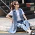 Mùa xuân và mùa hè phiên bản Hàn Quốc cộng với phân bón XL 200 pounds chất béo mm dài đoạn sequin denim vest vest vest vest nữ áo khoác bomber nữ Áo vest